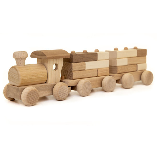 Holz Eisenbahn Zug 35 cm Dampflok mit 2 Waggon Hänger + 12 Holzklötze